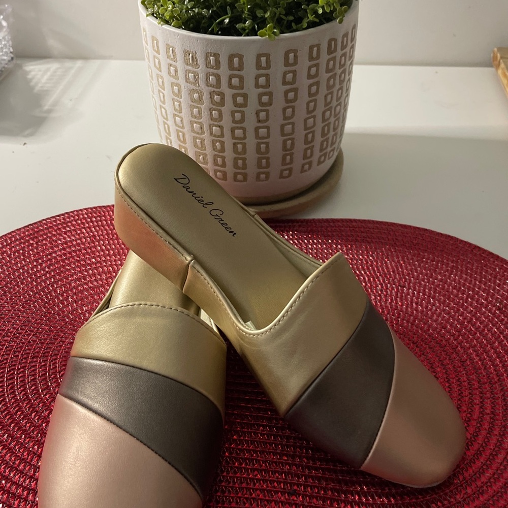 Gold and Brown Mules with Metallic Finish